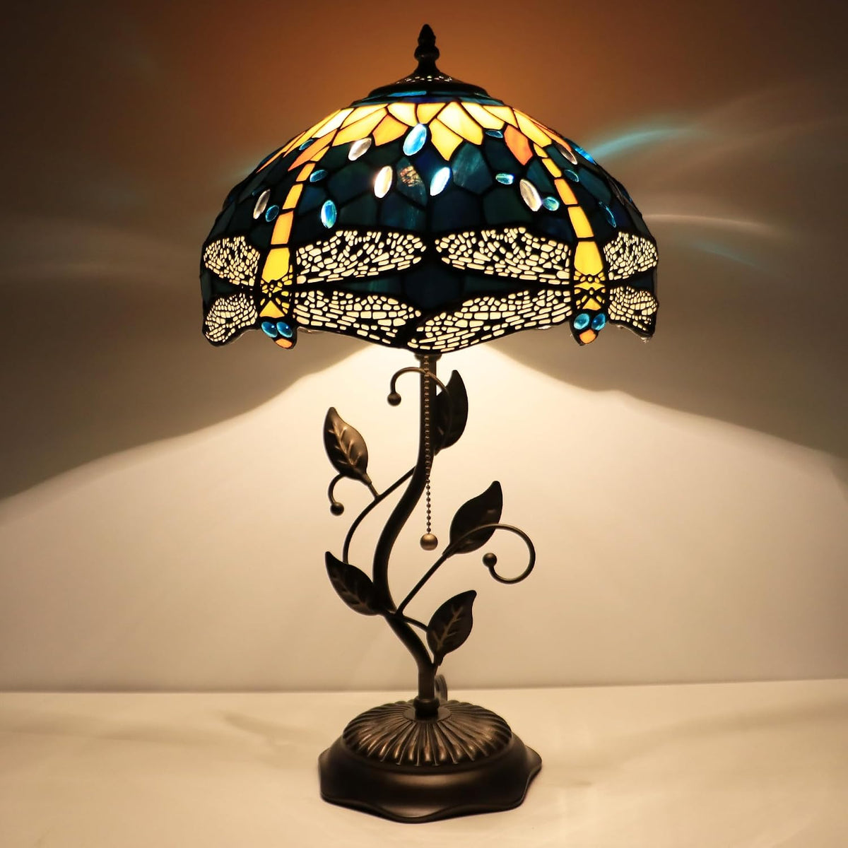 Tiffany Style Yellow Dragonfly Stained Glass Table Lamp 19 Inch