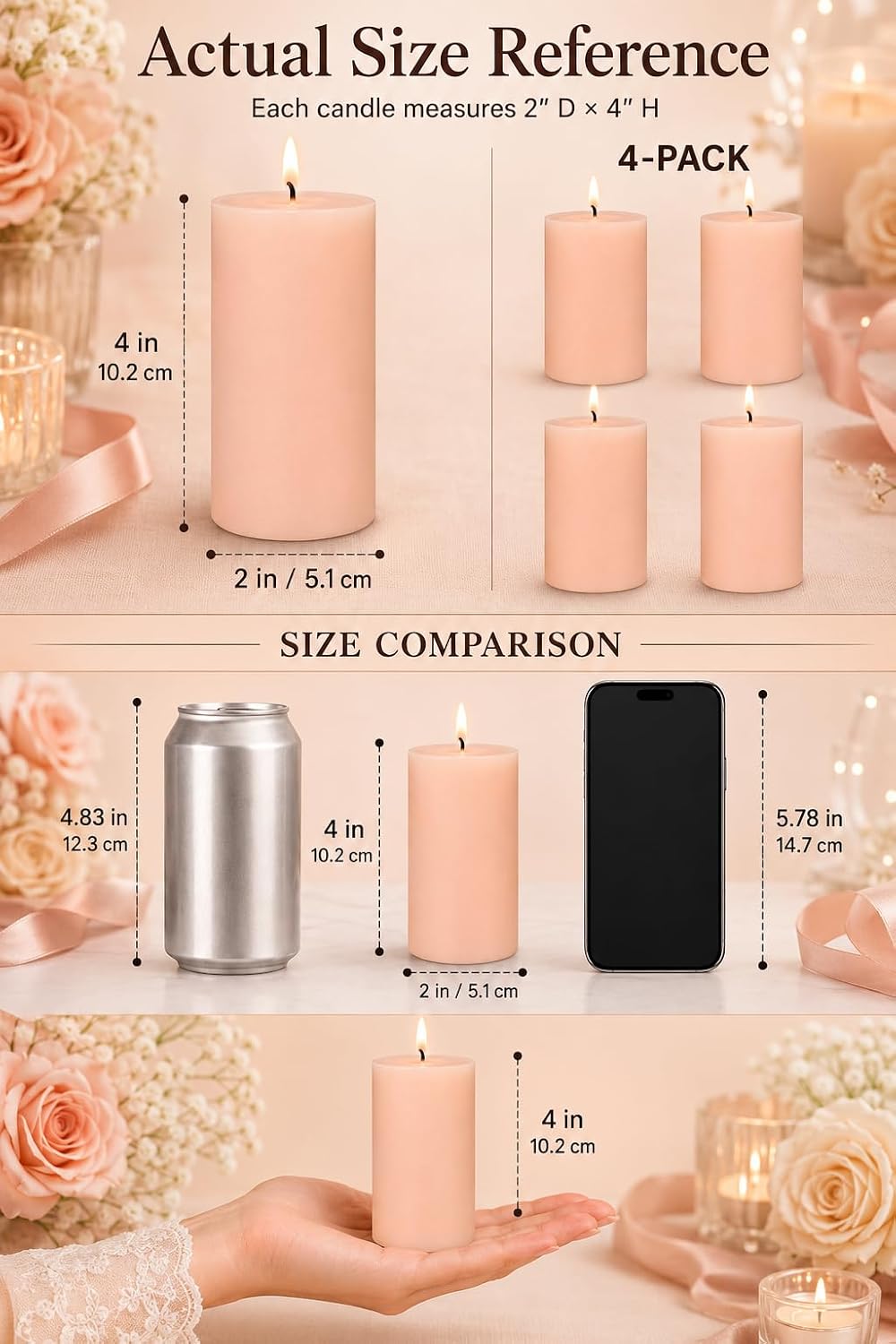 Flesh-Pink Unscented Pillar Candles for Home Decor, 2x4 Inch