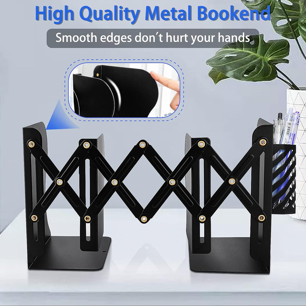 2PCS Heavy Duty Book Ends to Hold Books with Pen Holder, Adjustable Bookends, Metal Book Ends for Shelves, Black Book Holders Binder Organizer for Bookshelf Desk