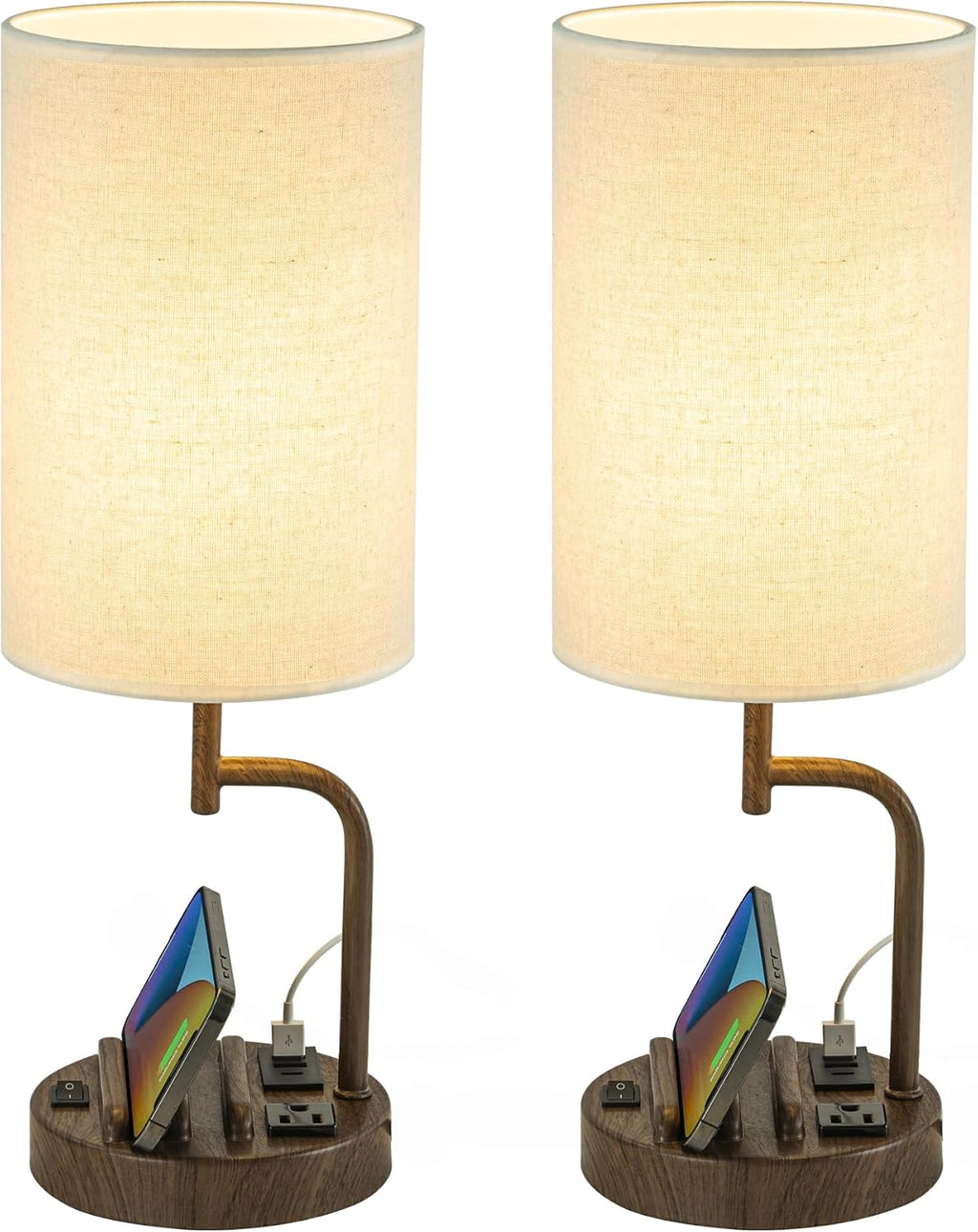 Dreamholder Table Lamp with 3 USB Charging Ports, Modern Desk Lamp with AC Outlet and Phone Stands, Perfect Bedside Lamp for Bedroom, Living Room, Office (Pack of 2), Walnut