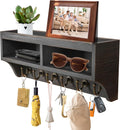 Key Holder Wall Mount with Mail Organizer, 6 Hooks & Shelf, Black