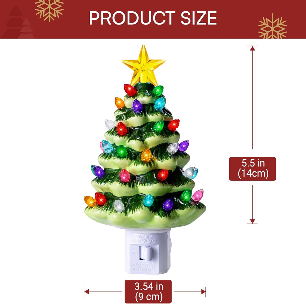 JOYIN 5.5" 2 Pcs Ceramic Xmas Tree Night Lights, Classic Christmas Decor Night Lights with 54 LEDs, Mini Tree Lights Plug in Christmas Decoration, Bedroom Living Room Hallway Holiday Indoor Decor