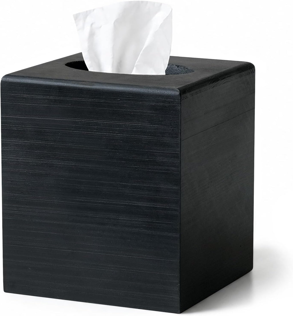 Black Wood Tissue Box Cover, Square Wooden Tissue Box Holder for Bathroom