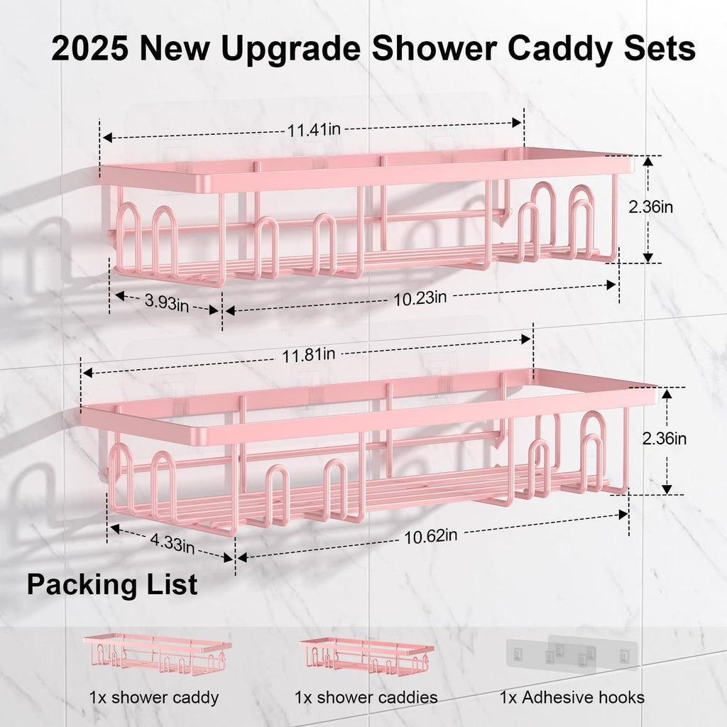 Getsrichfc Shower Caddy Adhesive, Rustproof Shower Shelves for Inside Shower, Large Capacity Bathroom Organizers and Storage, Shower Storage with Removable Hooks, No Drill Bathroom Accessories Pink