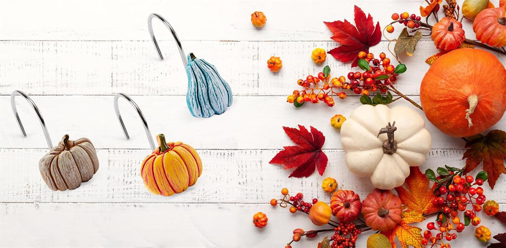 12PCS Cute Pumpkins Decorative Shower Curtain Hooks Rings for Fall Autumn Shower Curtains Bathroom Decorations Accessories Set, Metal Rustproof Thanksgiving Farmhouse Rustic Fall Shower Curtain Hooks