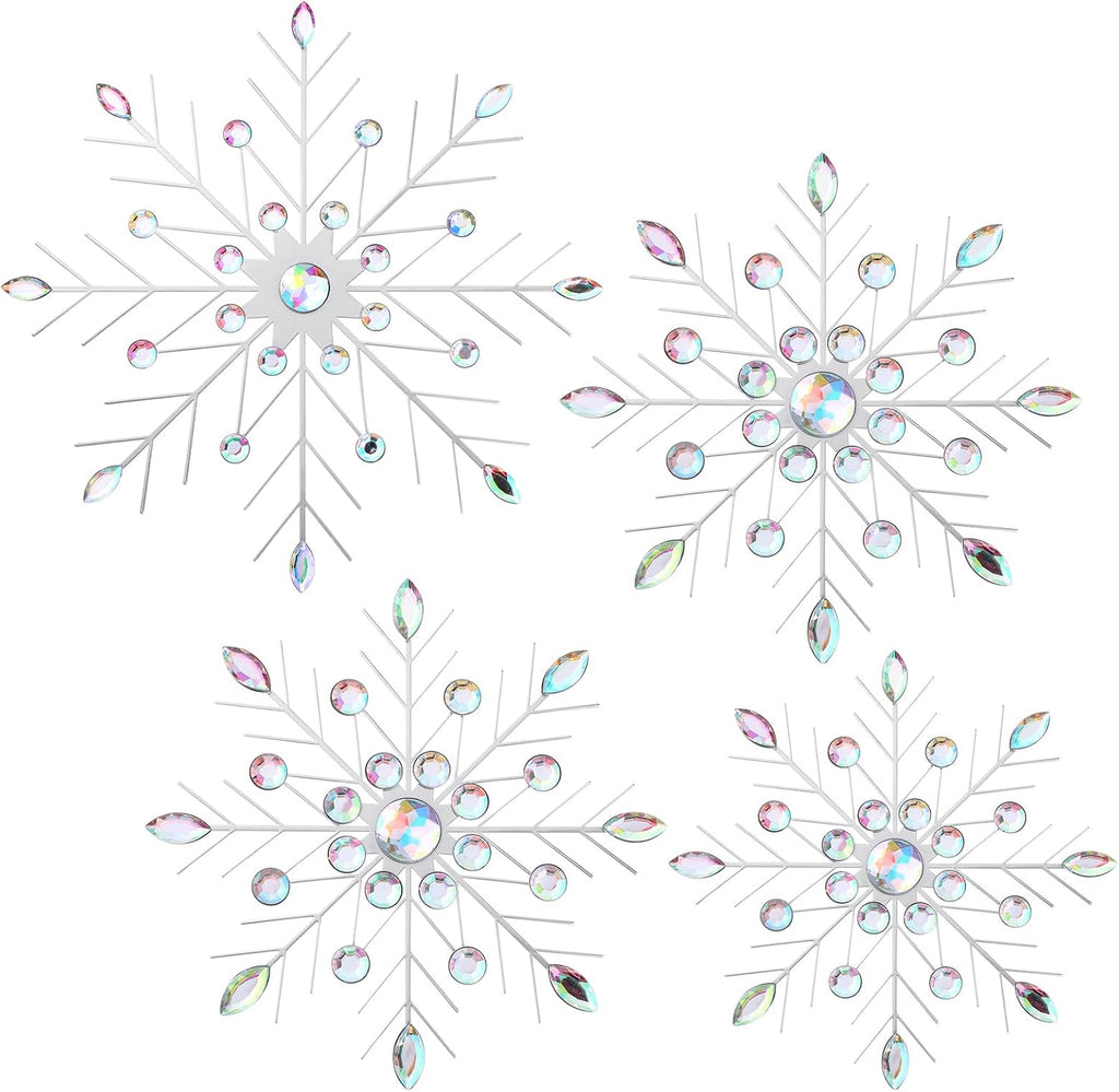Hicarer 4 Pcs 12" 10" 8" Snowflake Metal Wall Art Rhinestones 3D Decor Christmas Silver Hanging Metal Artwork Wall Decor Glitter Crafts Snowflake Decorations for Home Living Room Office(Snowflake)