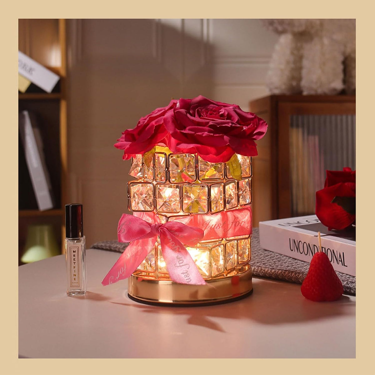 Crystal Table Lamp, Rechargeable Cordless Rose Light 3 Colors Dimmable Flower Lamp, Romantic LED Diamond Lamp for Bedroom Living Room Decor, Valentine Birthday Gift for Her (Rose Red)