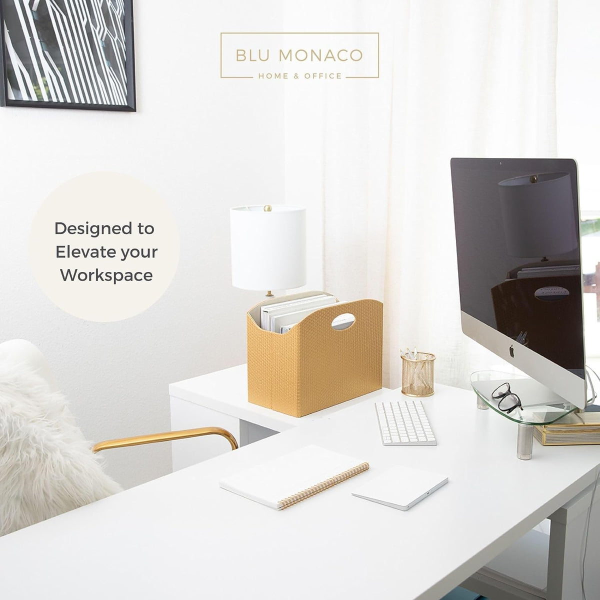 BLU MONACO | Gold Magazine Holder | Woven PVC Leather Organizer with MDF Frame | Floor or Table Storage for Home Office Bathroom | Large Capacity Vertical File Basket