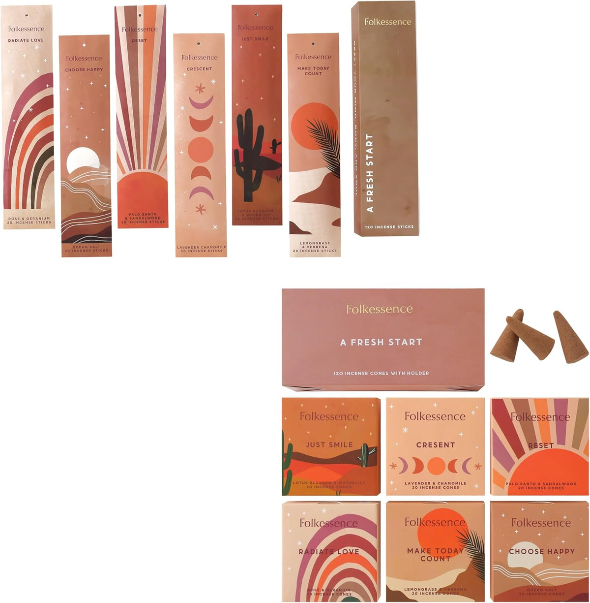 Folkulture Incense Sticks - Pack of 6 Insenses - 120 Sticks - Folkulture Incense Cones Scented, Set of 6 Inscents-Cones (120 Cones) with Incense Cones Holder for Relaxation (Fresh Start)