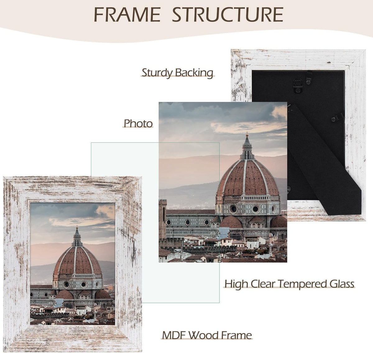 4 Pack 5x7 Picture Frames, Rustic White, Real Glass, Wall&Tabletop Display