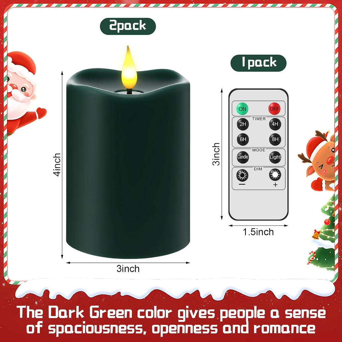 Retisee Flameless LED Candles Real Wax, 2 Pcs, Dark Green, 3 x 4 in