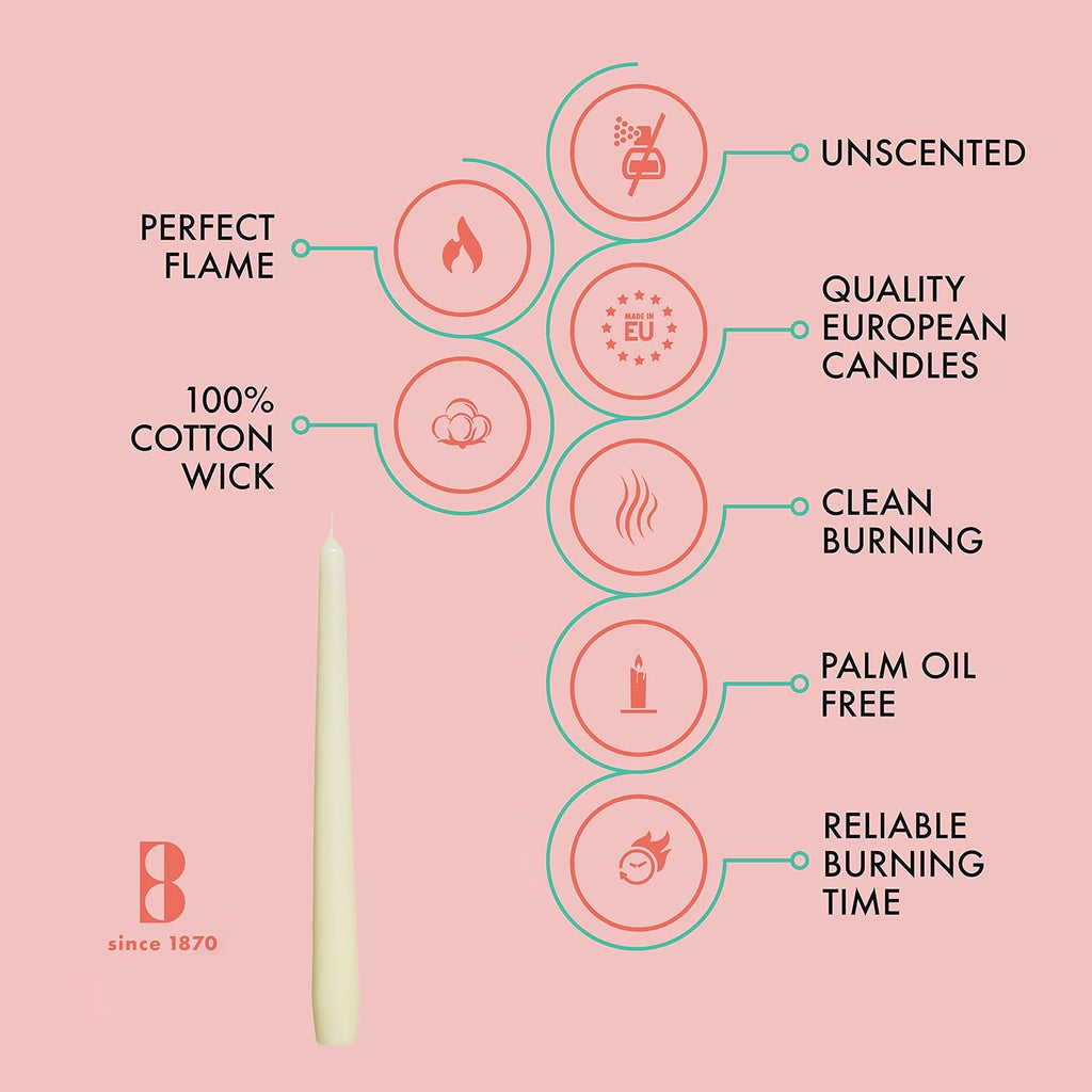 BOLSIUS Long Household Ivory Taper Candles - 10-inch Unscented Premium Quality Wax - 8 Hours Long Burning Dripless Candles Bulk Pack of 30 for Home Décor, Wedding, Parties and Special Occasions