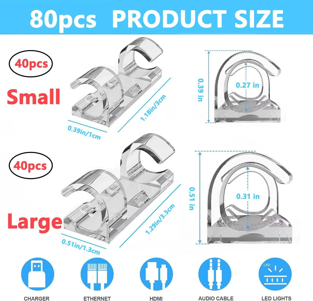 80PCS Cable Clips (Small & Large),Adhesive Cable Clips for Wall