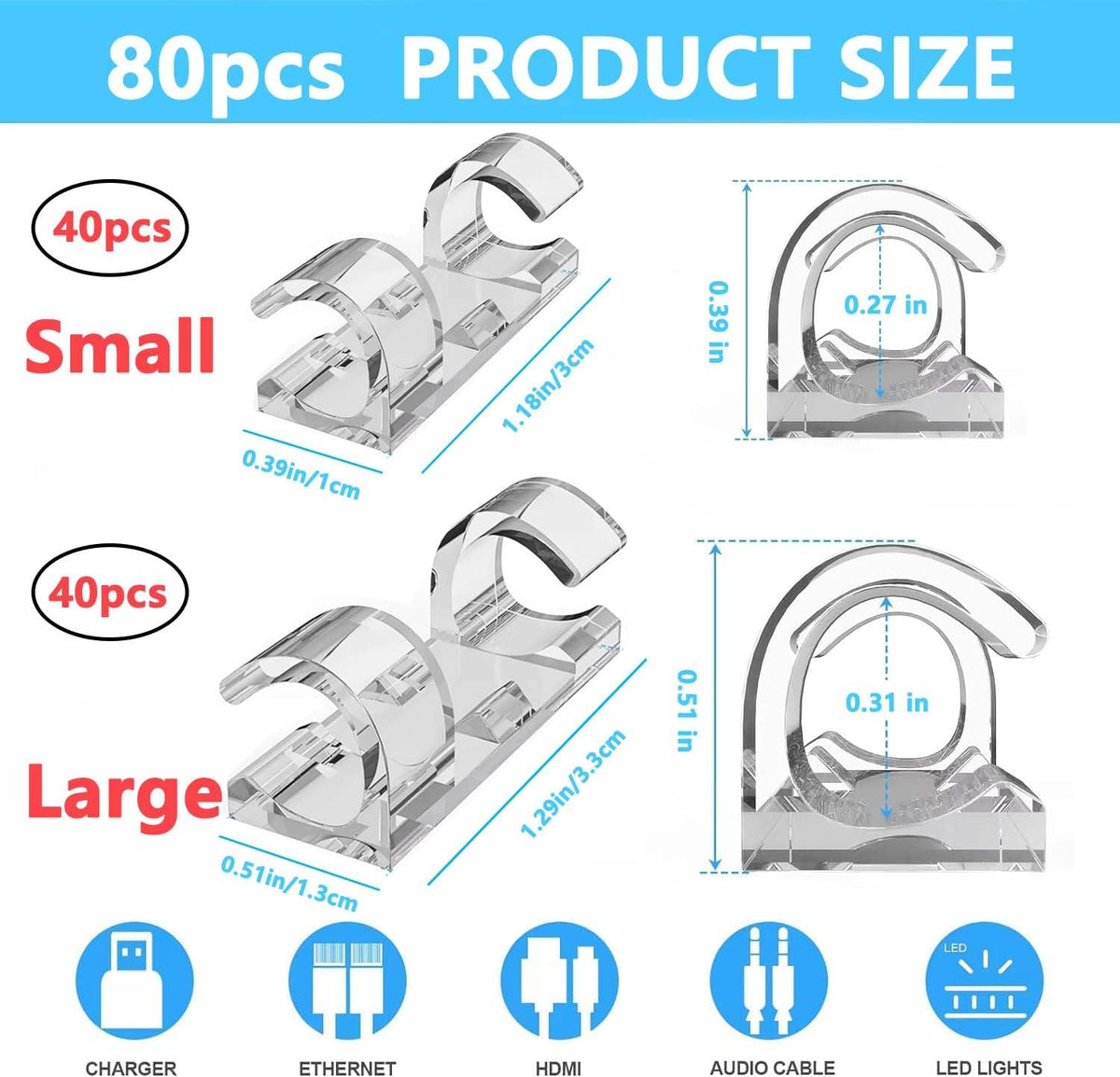 80PCS Cable Clips (Small & Large),Adhesive Cable Clips for Wall