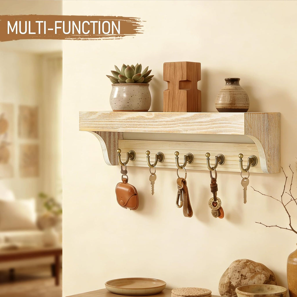 Rebee Vision Key Holder Wall Mount with Shelf for Room Decor, Natural Wood