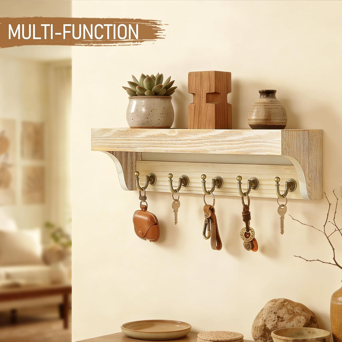 Rebee Vision Key Holder Wall Mount with Shelf for Room Decor, Natural Wood
