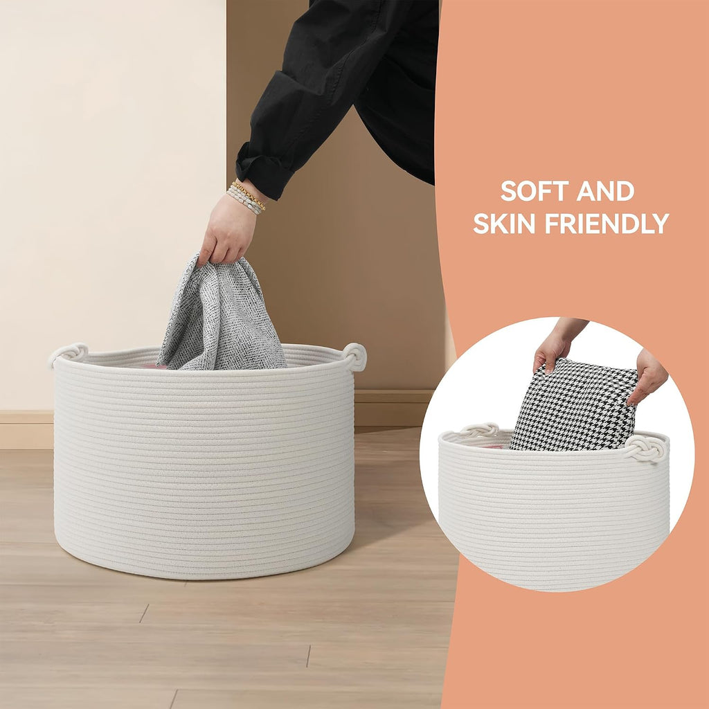 Large Blanket Basket (20"x13"),Woven Basket for Storage Dirty Clothes for Laundry, Living Room, Nursery, Bedroom Rope Storage Basket for Blankets（White）