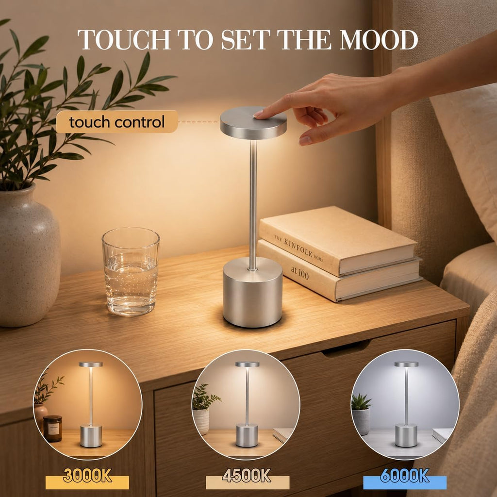 AUDLES Silver Rechargeable Table Lamps 2 Pack, Cordless Battery Operated LED Desk Lamp with Touch Control, 3 Color Temperatures, Dimmable Portable Lamps for Bedroom, Dining Room, Patio, Restaurant