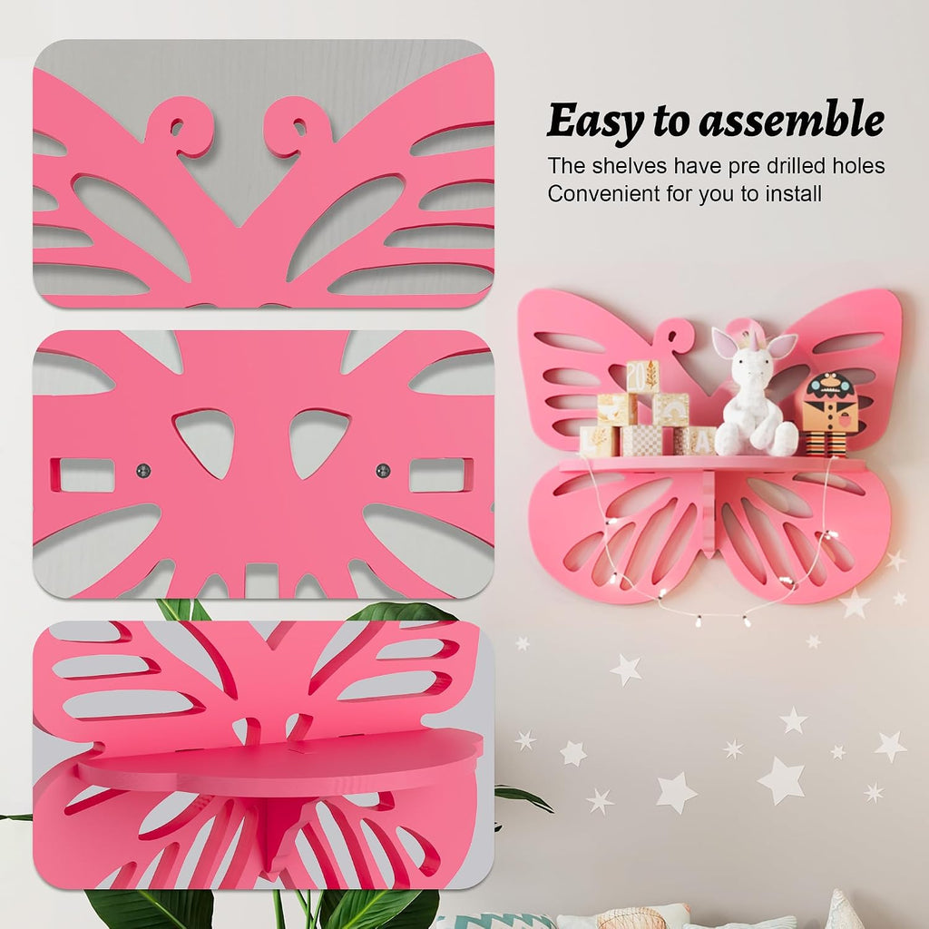 2-Tier Butterfly Wall Shelf - Nursery Decor Pink Floating Corner Shelves, Cute Wall Display Rack Bookshelf for Kid’s Room, Solid Wood Hanging Hollow Out Shelf for Toys, Plants and Decorations Storage