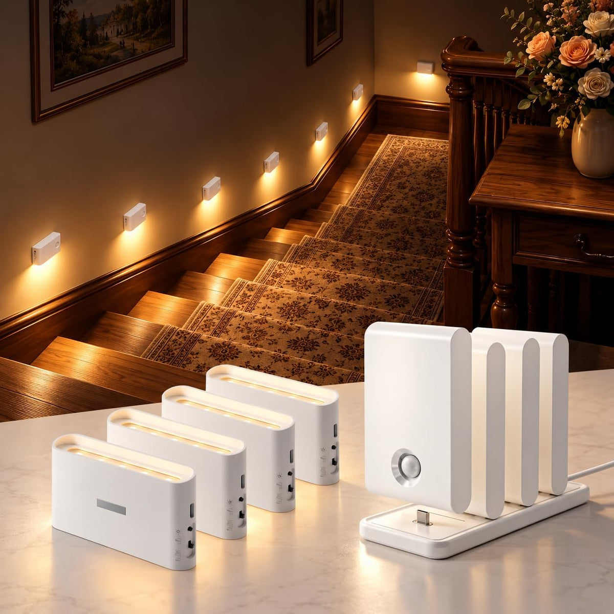 EZVALO Motion Sensor Night Lights, Rechargeable 1500mAh LED Stair Lights with Magnetic & Dimmable, Auto On/Off 3000K Soft White, Stick-On for Stairs, Hallway, Bathroom (8 Pack with Charging Station)