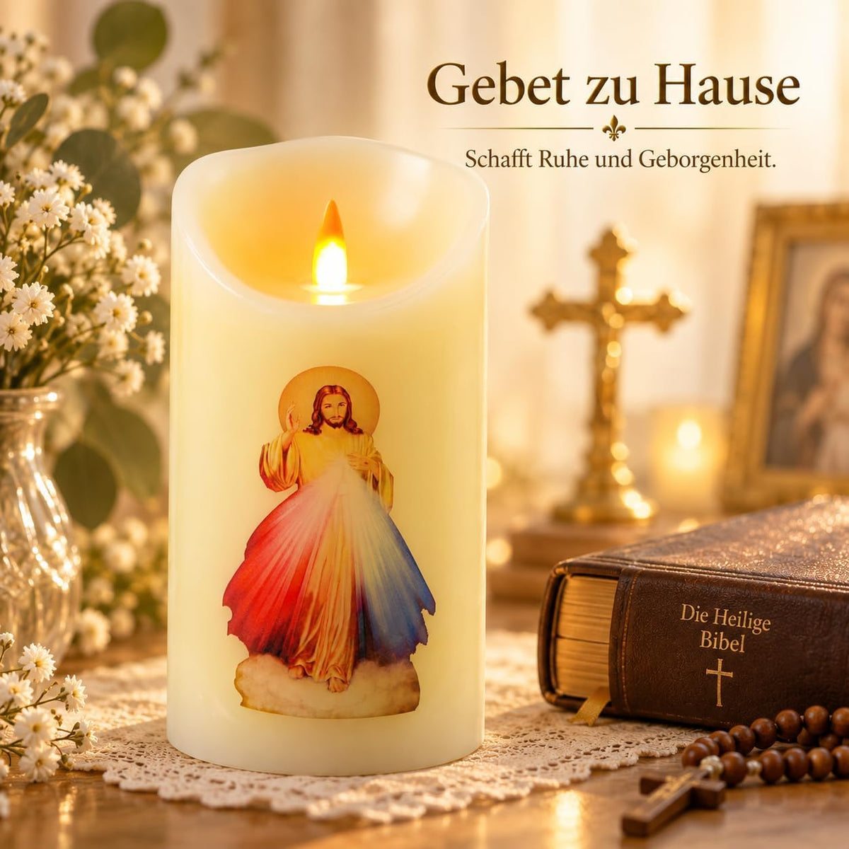 QQFCTOO LED Prayer Flameless Candle with Remote Timer, Battery Powered Candle, Religious Candle, Real Wax, for Home Altar, Church, Devotional,6" x 3.2"（Jesus