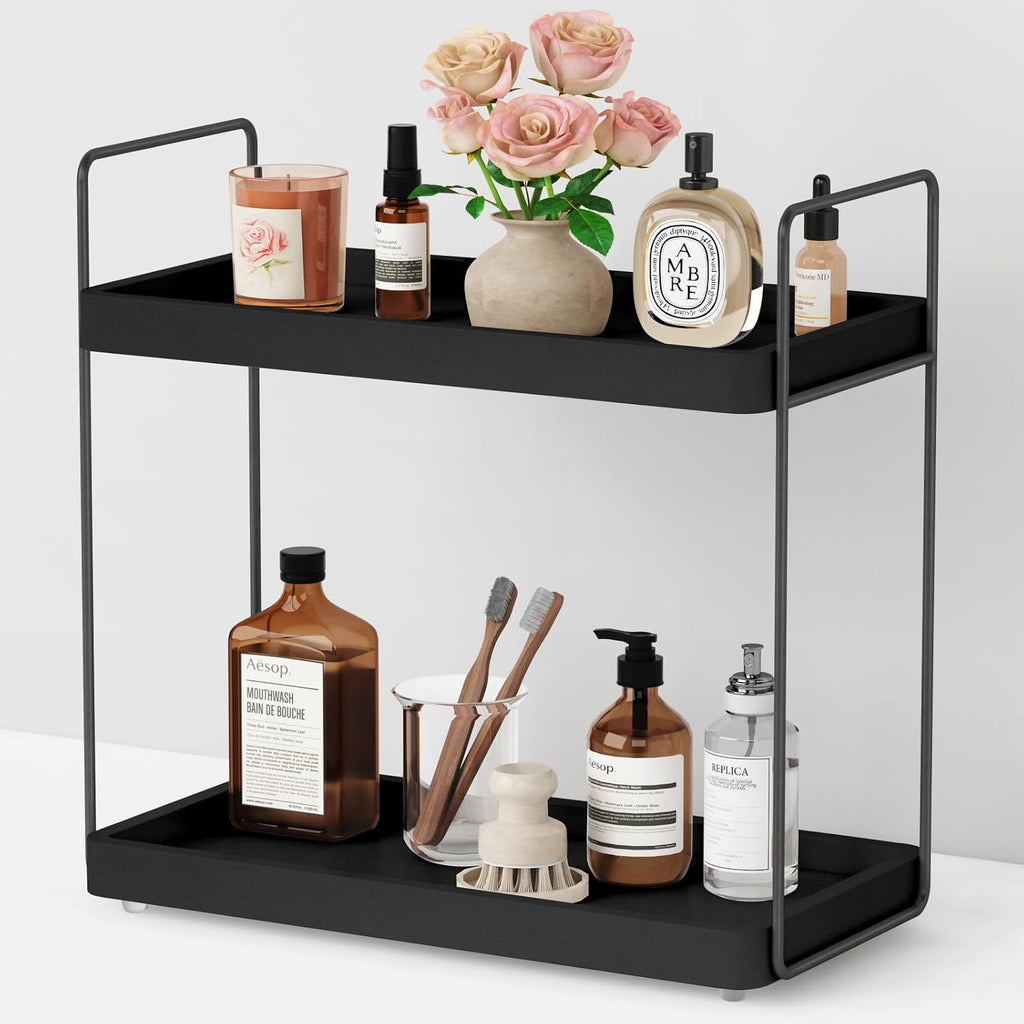 Forbena Black Bathroom Counter Organizer, Tiered Bathroom Organizer Countertop Tray, Corner Makeup Vanity Shelf Organizers and Storage for Men Perfume Skin Care Kitchen Sink Coffee Bar Station