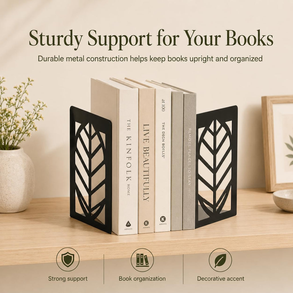 Leaf Vein Bookends, Set of 2 (1 Pair), Matte Black Metal Book Ends for Shelves, Bookshelf, Desk and Home Library Decor