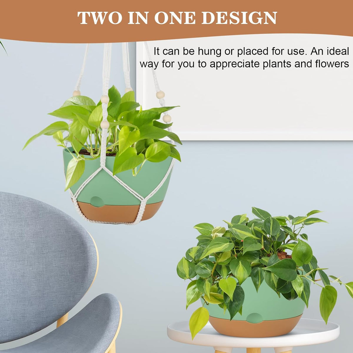 3 Pack Hanging Planter for Indoor Plants, 10inch Self-Watering Hanging Plant Pot, Macrame Plant Hanger with Pot, Chain, S & Ceiling Hooks, Removable Saucer and Drainage Holes for Garden Home - Green