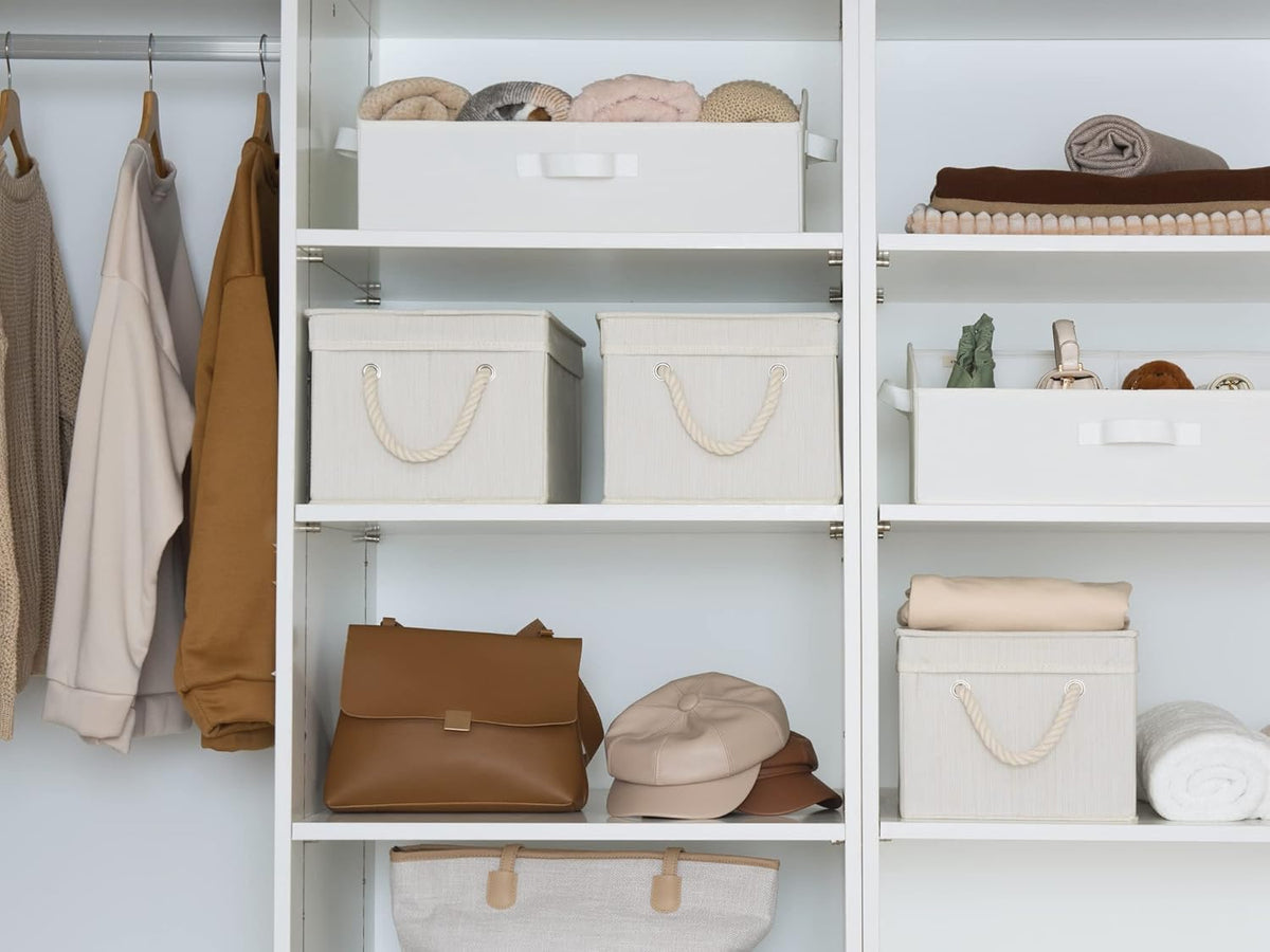 StorageWorks Storage Bins with Lids, Fabric Boxes for Closet, Ivory White