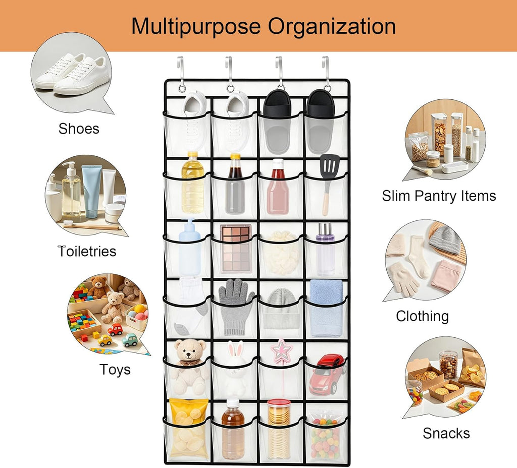 24 Pockets Over The Door Shoe Organizer, Large Breathable Mesh Hanging Shoe Rack with 4 Metal Hooks, Space Saving White Over Door Shoe Storage Holder Mesh Bag for Closet Entryway Bedroom Pantry