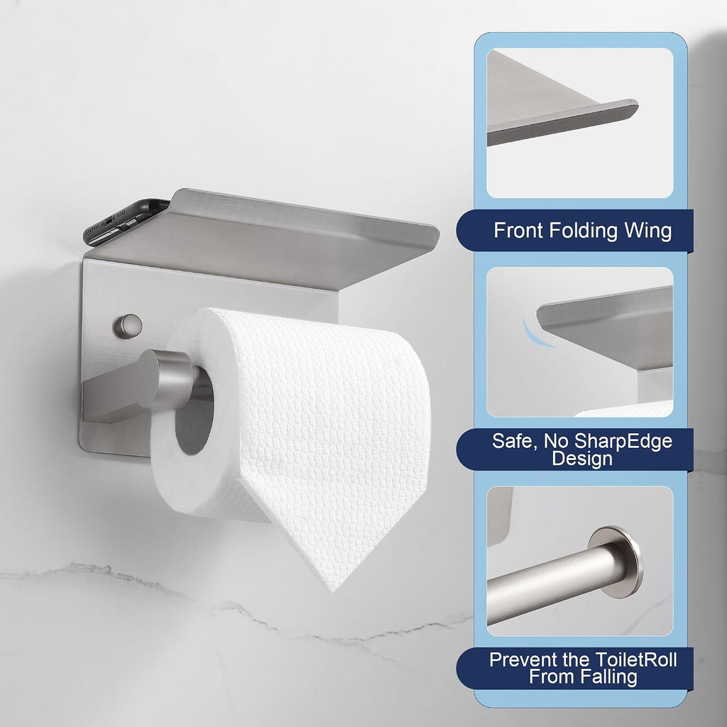 BGL Wall Mounted Toilet Paper Holder with Shelf, Brushed Nickel Bathroom Tissue Holder – Rust-Resistant Toilet Roll Holder for Bathroom Storage