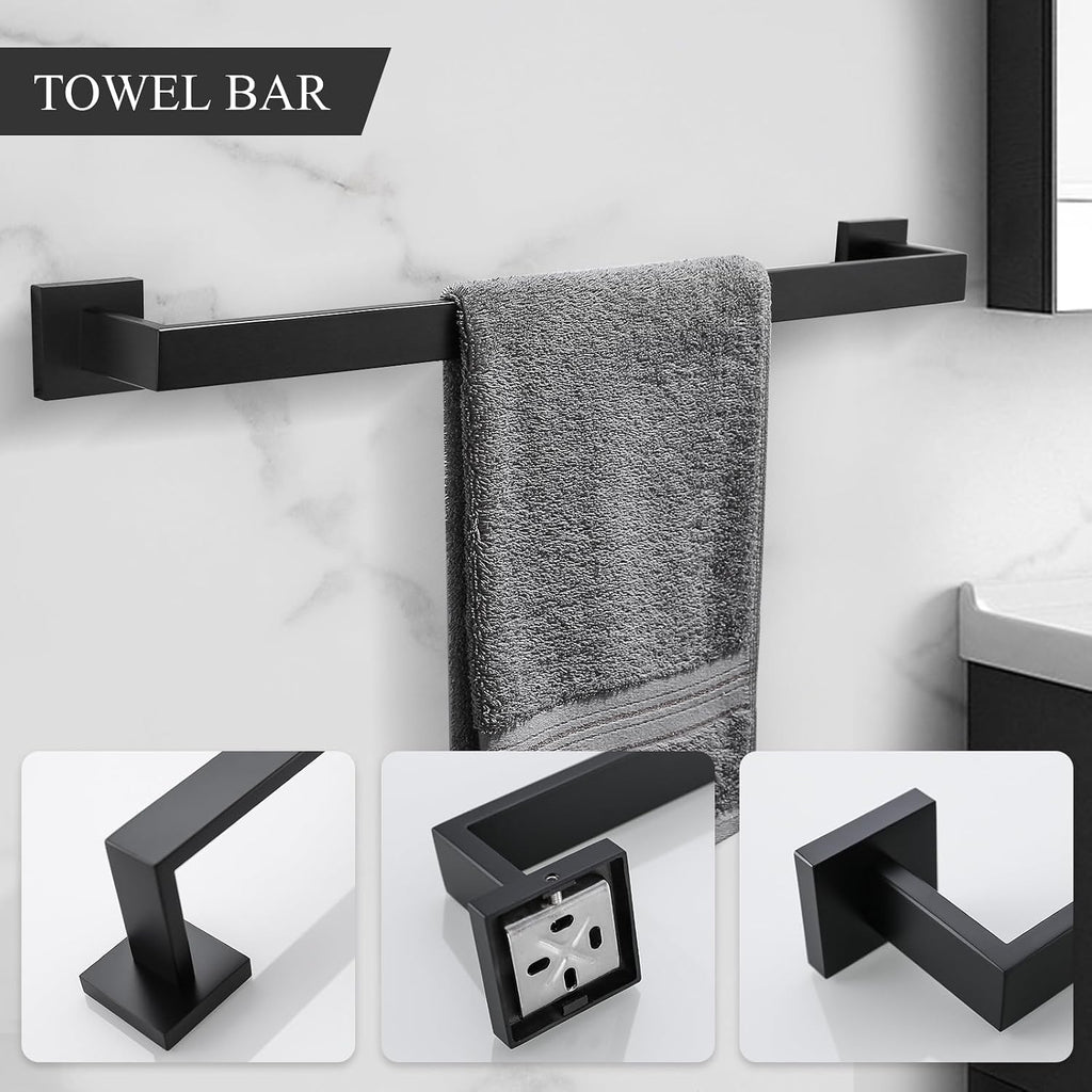 TURS 4-Piece Bathroom Hardware Set Black Towel Bar Set Stainless Steel Towel Bar Hand Towel Holder Toilet Paper Holder Towel Hooks Wall Mount