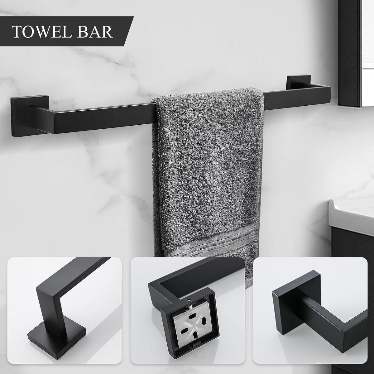 TURS 4-Piece Bathroom Hardware Set Black Towel Bar Set Stainless Steel Towel Bar Hand Towel Holder Toilet Paper Holder Towel Hooks Wall Mount
