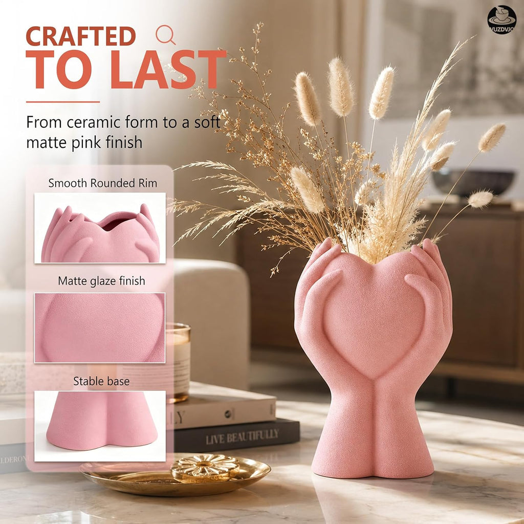 8 Inch Heart Hand White Ceramic Vase - Unique Modern Aesthetic Flowers Vase for Living Room Bedroom Office Kitchen Table Centerpiece or Shelf Decor - Gifts for Wedding Bridal Shower Women Mom (Pink)