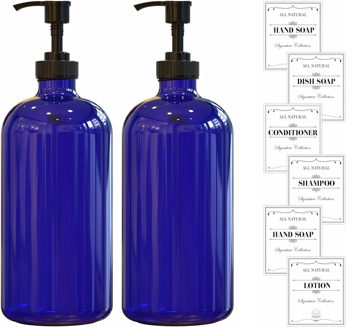 Sunrise Premium Cobalt Blue Glass Soap Dispenser with Pump, 2 Pack