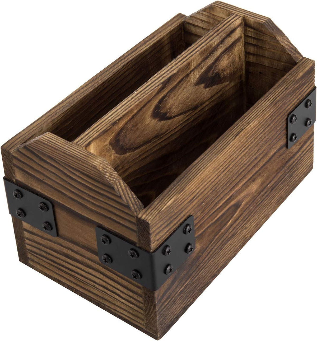 MyGift Rustic Burnt Wood TV Remote Holder with Black Metal Accents