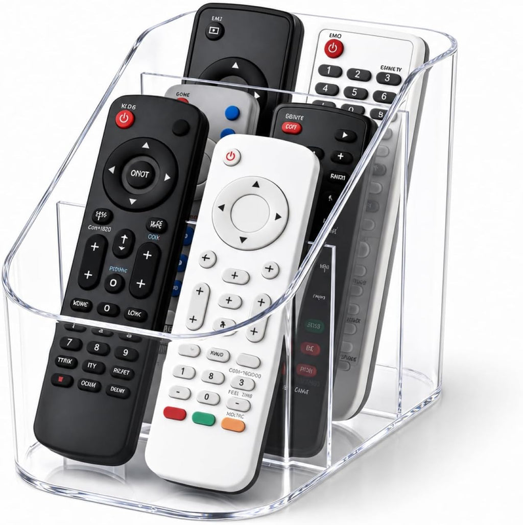 Remote Control Holder, Clear Plastic TV Remote Caddy for Desk and Nightstand Storage, Space-Saving Desk Organizer with See-Through Design for Living Room and Office Desk Accessories, 3 Compartments