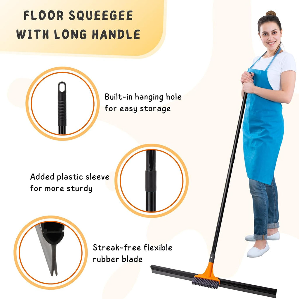 Floor Squeegee Broom, 56’’ Long Handle Water Wiper with Small Brush, 30'' Large Heavy Duty Household Squeegee for Concrete, Epoxy, Garage, Deck Cleaning