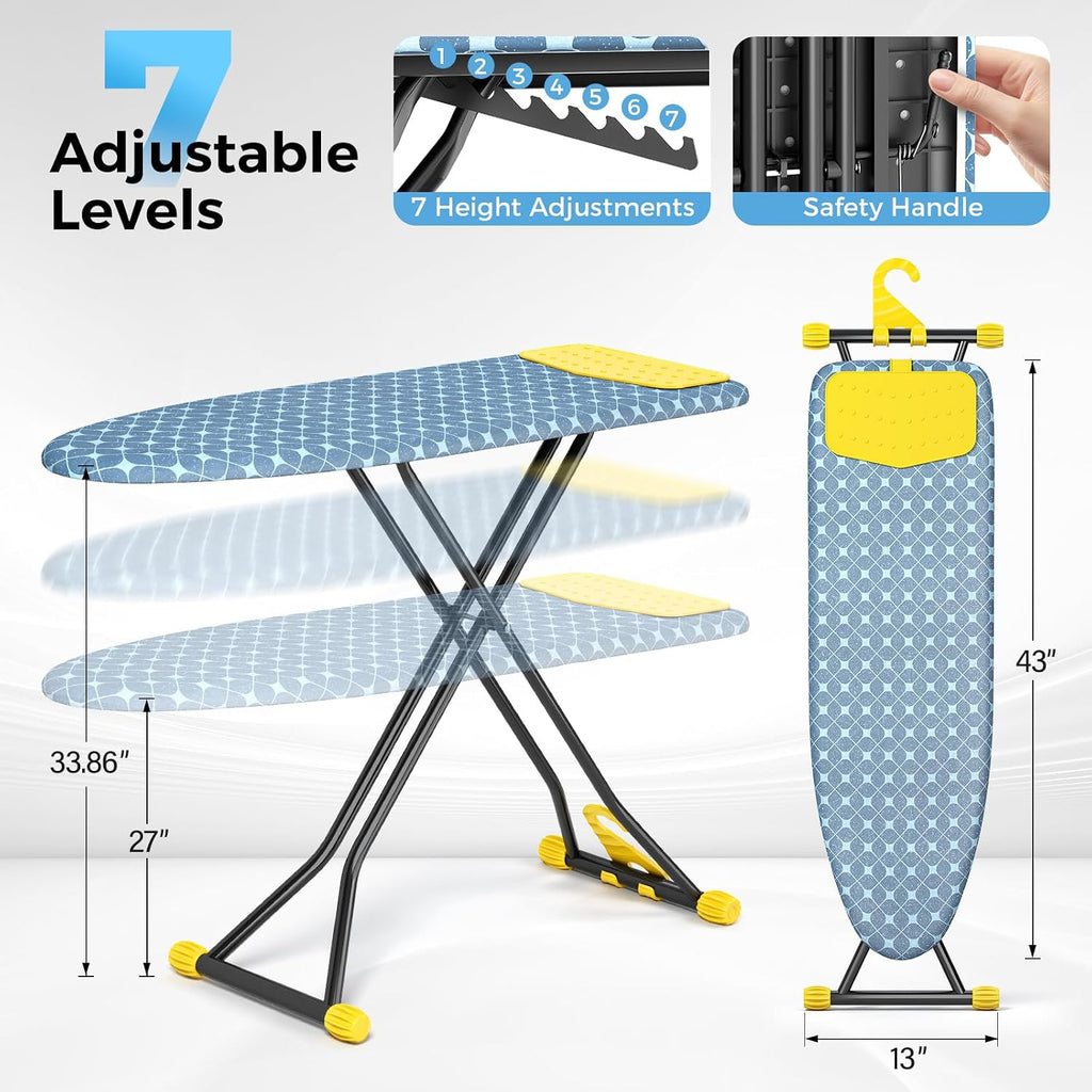 KINGBOARD Ironing Board with Silicon Iron Mat, Heavy Duty Leg 13x43 Yellow