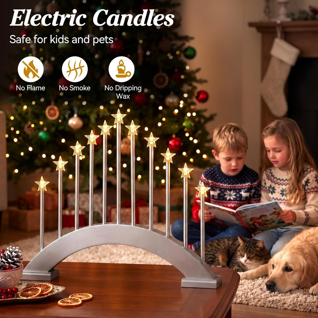 Lewondr Christmas Swedish Candelabra, 11 Flameless Taper Candles, Silver