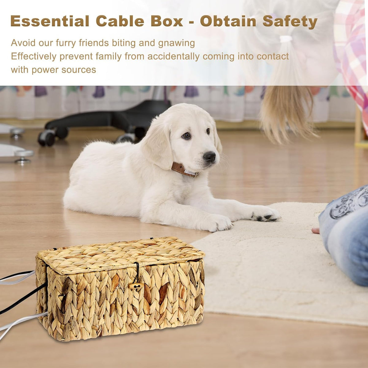 BTSKY Woven Cable Management Box with Lid Water Hyacinth Cord Organizer, L
