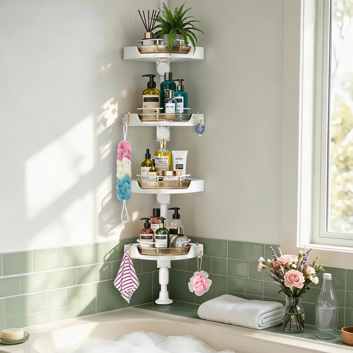akinbas 360° Rotating Shower Caddy Tension Pole with 4-Tier Rustproof Lazy Susan 35-128 Inch No Drilling Coner Shelves Adjustable Shower Rack for Bathroom Bathtub Washbasin Plant Storage (White+Gold)