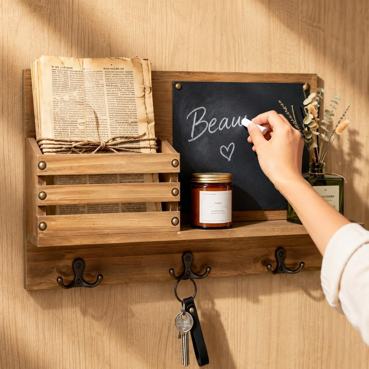 Key Holder for Wall, Mail Organizer Wall Mount, Chalkboard & 3 Double Hooks