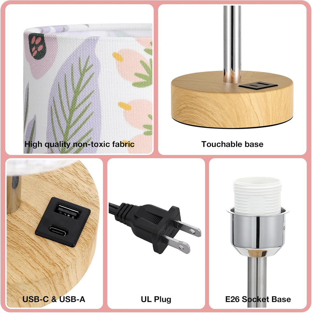 Dicoool Touch Bedside Table Lamp with USB - 3 Way Dimmable Floral Lamp for Bedroom Nightstand, Desk Lamp with Charging Station for Dorm, Living Room, Office, Kids Room, Small, 14in