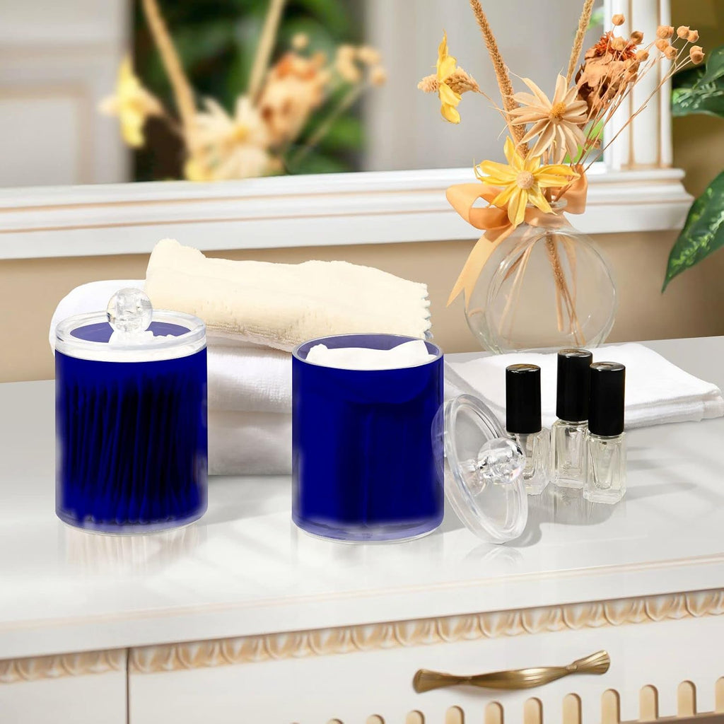 Navy Blue Qtip Dispenser Apothecary Jars Bathroom Qtip Holder Storage Canister 10 Oz Plastic Jar for Cotton Ball Swab Round Pads Floss 2pcs