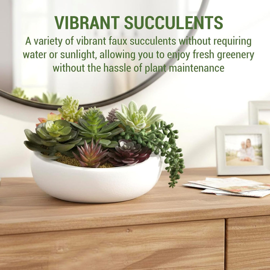 MyGift 8 Inch Round Modern Artificial Succulent Arrangement Potted in White Concrete Plant Bowl, Assorted Faux Mini Succulents in a Decorative Planter Pot