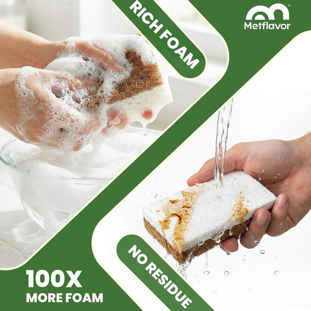 Metflavor Kitchen Sponges, 12 Count, Natural Sponge with Coconut Scrubber