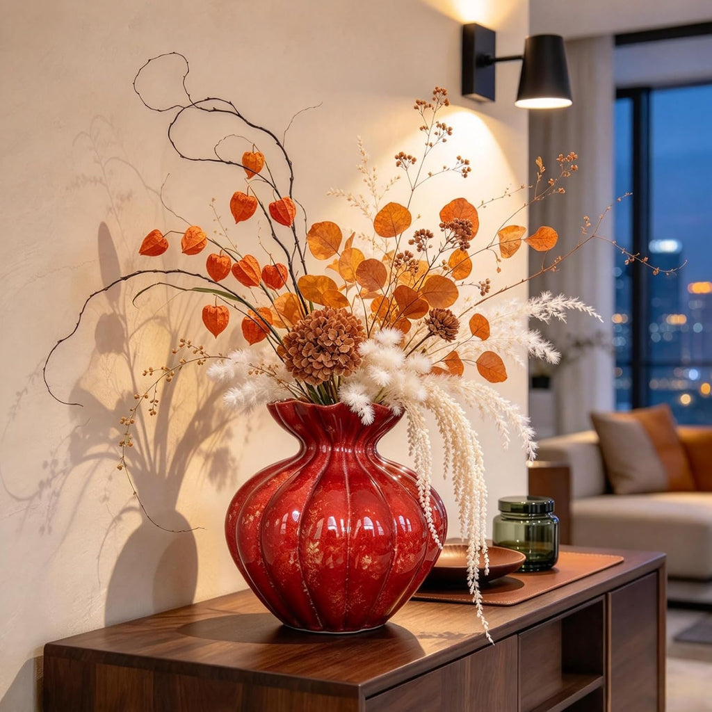 Ceramic Vase, Modern Boho Flower Vase for Home Decor, Unique Vase for Farmhouse Living Room Cabinet Table Centerpieces Wedding Decorations (Extra-Wide-Orange Red)