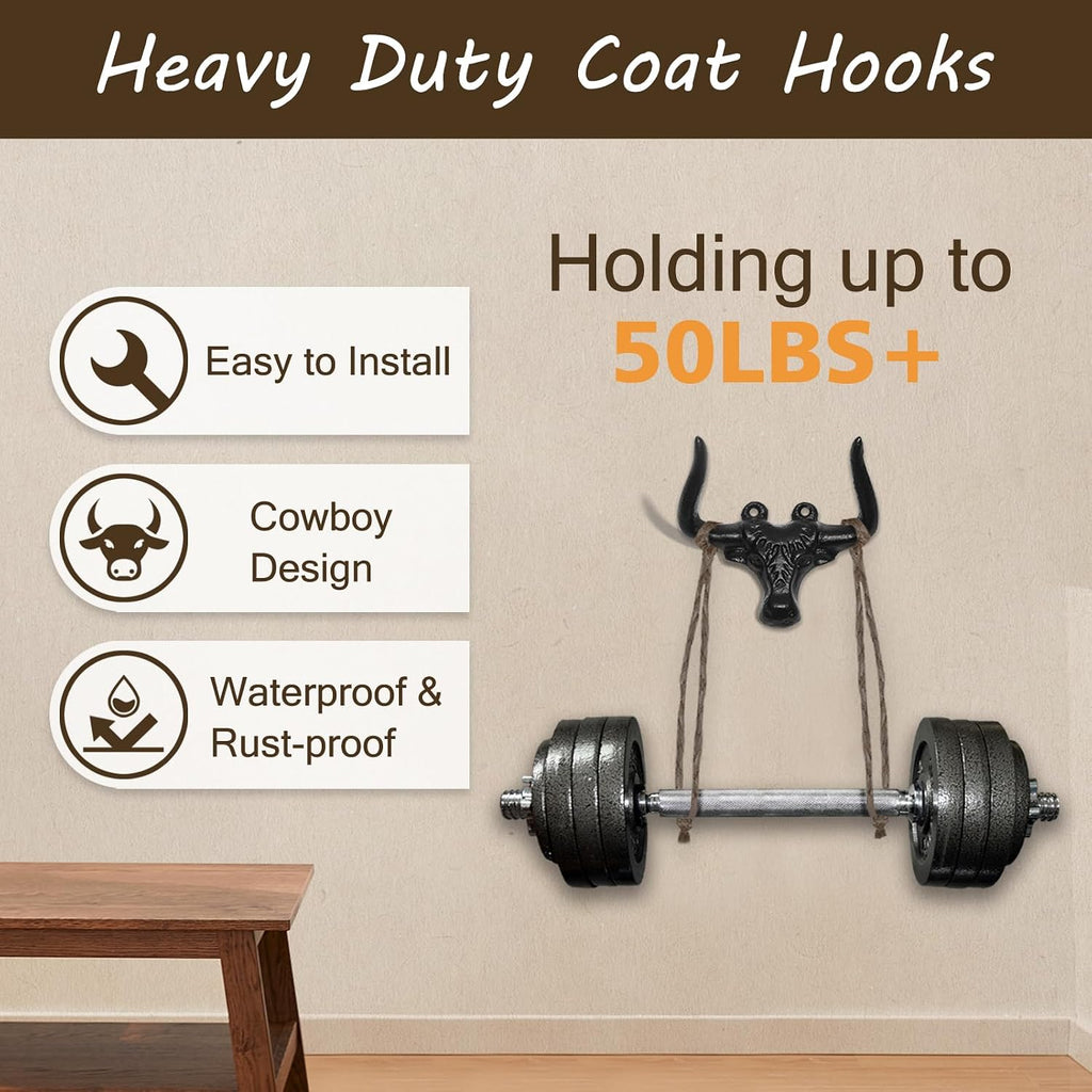 Cast Iron Wall Mount Hooks – Black Bull Design, 2 Pack – Vintage Rustic Coat Hooks for Entryway, Bathroom, Kitchen, or Bedroom