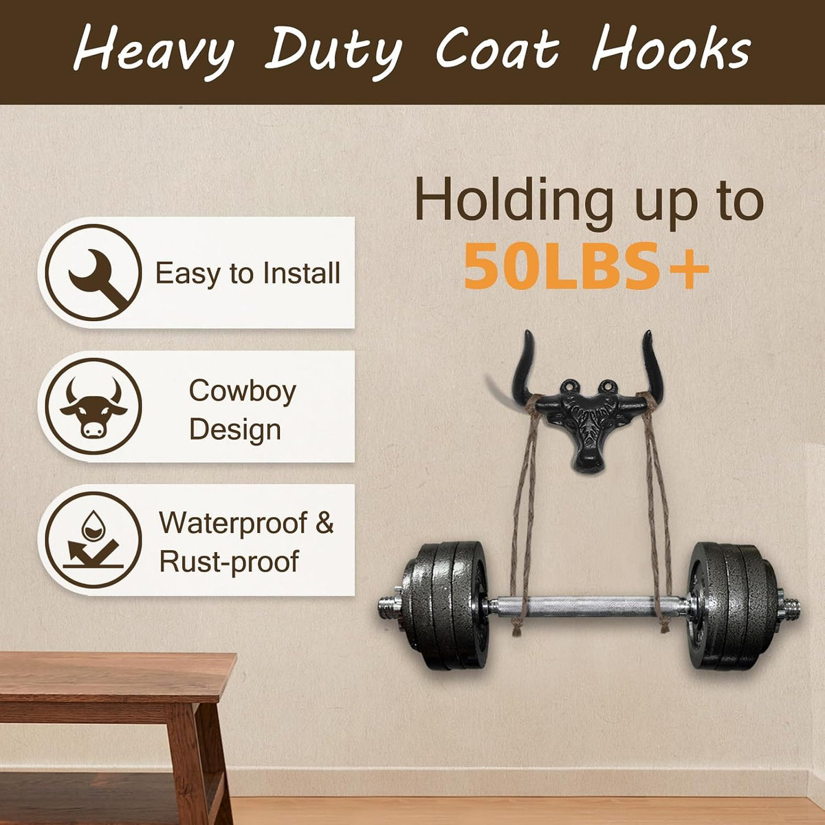 Cast Iron Wall Mount Hooks – Black Bull Design, 2 Pack – Vintage Rustic Coat Hooks for Entryway, Bathroom, Kitchen, or Bedroom